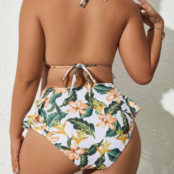NWOT Plus Tropical Print Ruffle Hem Bikini Swimsuit - Picture 4 of 5